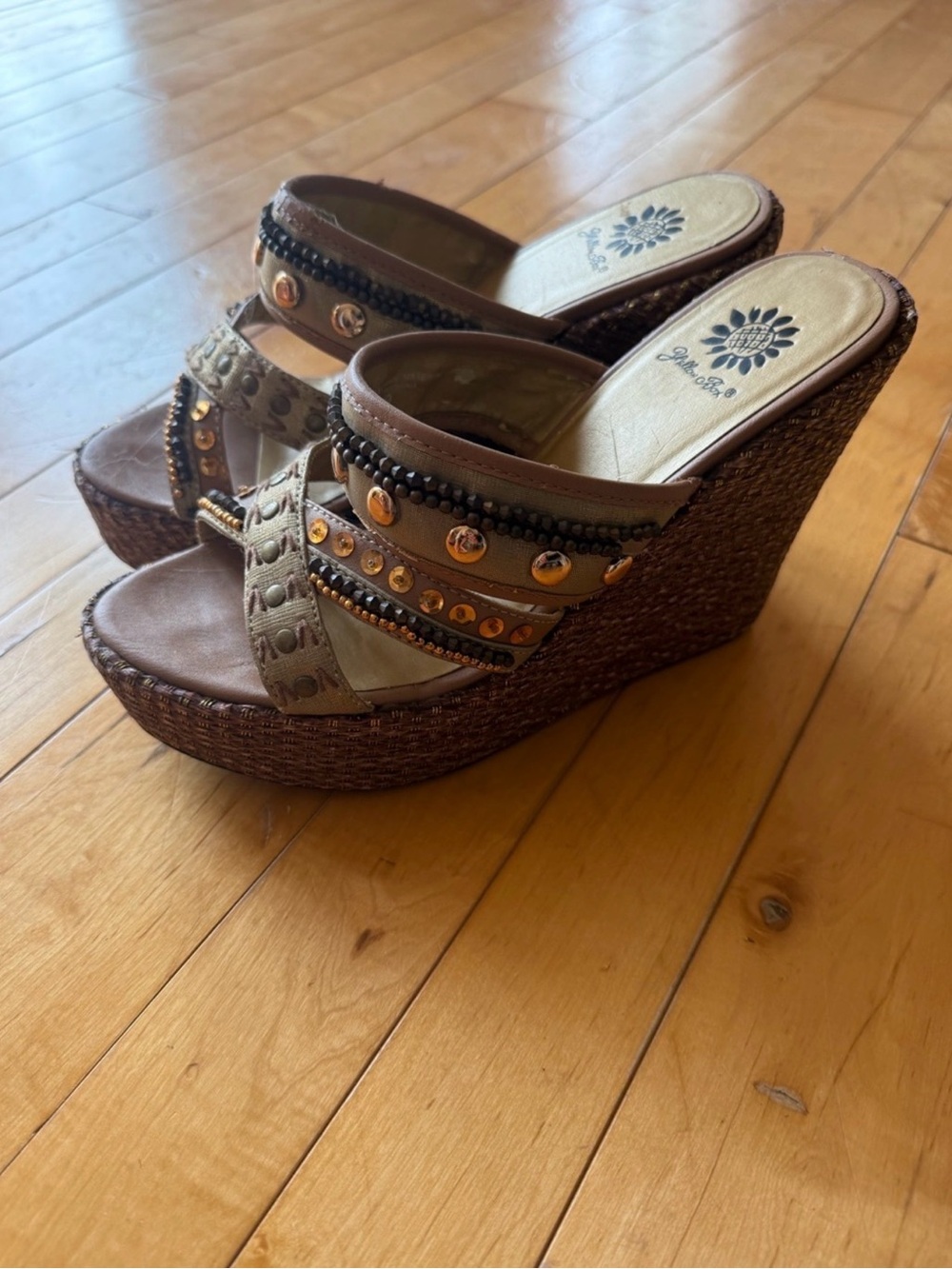 Yellow Box Brown Woven Wedge Sandals with Stud Embellishments size 9